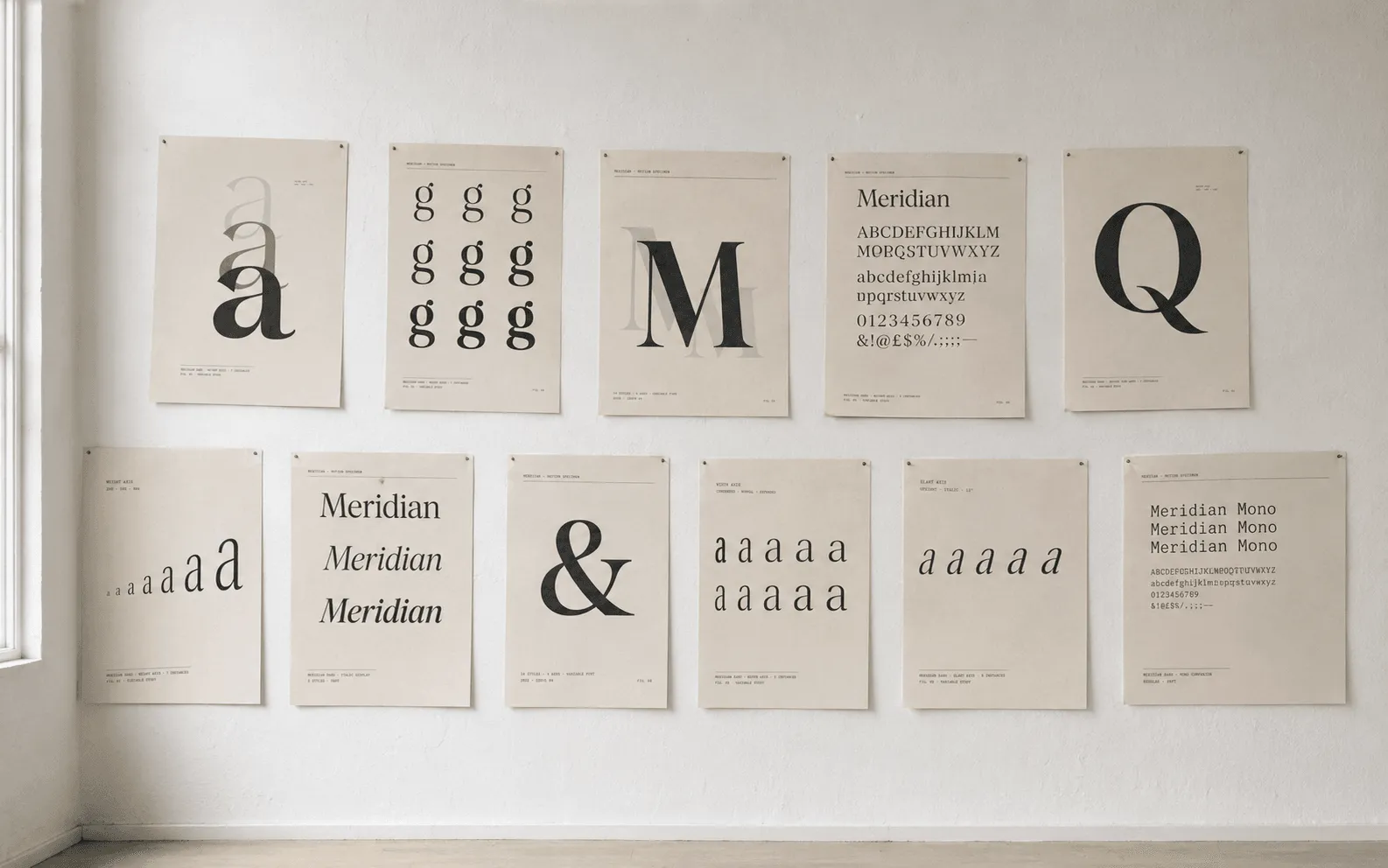 Meridian Sans — specimen system, atelier wall